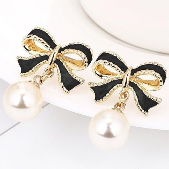 Black Bow Earrings for Women, Pearl Ribbon Dangle Jewelry Gifts - Picture 2 of 5